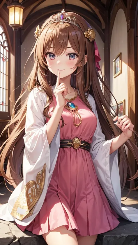 A girl with long brown hair, a goddess, anime style, a cute girl like an angel, a girl with a gentle smile, a fortune teller with a light in her hand, and a 14 year old surrounded by natural stones. Love fortune teller. A sparkling royal pink pearl dress a...