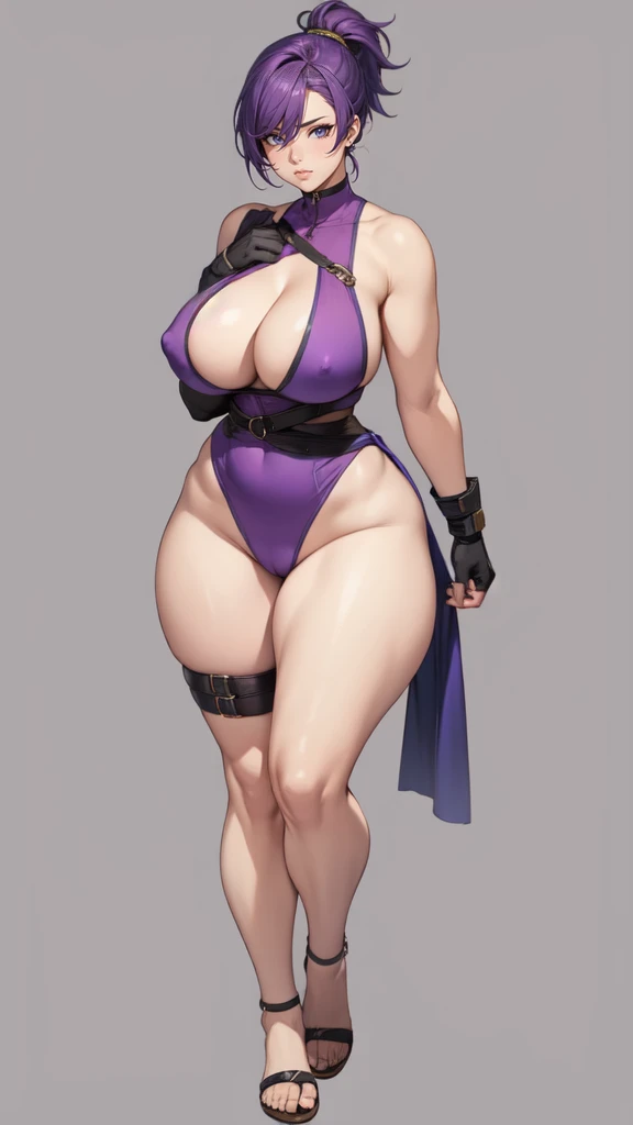 (masterpiece), best quality, female warrior, huge girl, female muscular:1.2, (curvy:1.7), (((blank background))), ((full body)), fingerless gloves, sandals, sleeveless, covered nipples, ((buzzcut hairstyle)), purple hair, hair over eyes, ((very big legs:1....