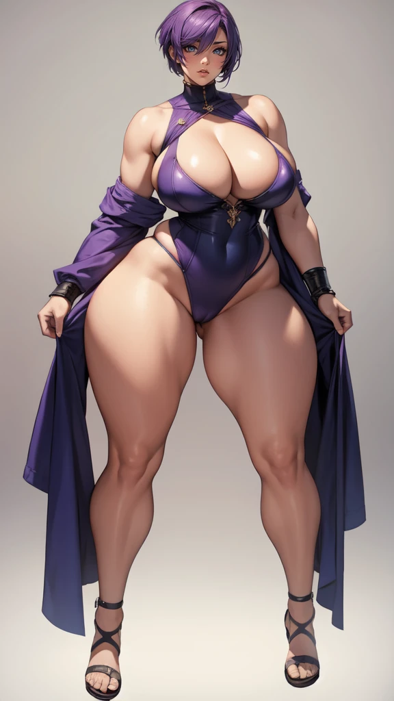 (masterpiece), best quality, female warrior, huge girl, female muscular:1.2, (curvy:1.7), (((blank background))), ((full body)), fingerless gloves, sandals, sleeveless, covered nipples, ((buzzcut hairstyle)), purple hair, hair over eyes, ((very big legs:1....