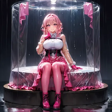 Full-body depiction on screen,　Very little girl　Very short stature　Very large breasts　Very large and swollen breasts　Two very large bulges in the chest　Blushed　Small Mouth　Clothes that got wet in the rain and became transparent　Clothes are wet with sweat a...