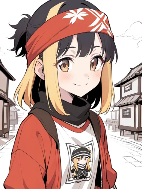 {{Upper part of the body}} {{Artists: sincos}} Lonely teenage girl, light brown eyes, medium long hair, black hair with blonde highlights, slight smile, red jacket with black details, White T-shirt, ninja bandanas, bottom: ninja village