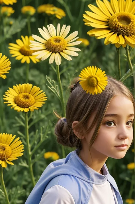 A cartoon girl character with a human head and parabolic body and a cartoon boy character with a human head and bee body. They are both standing on a chamomile flower.