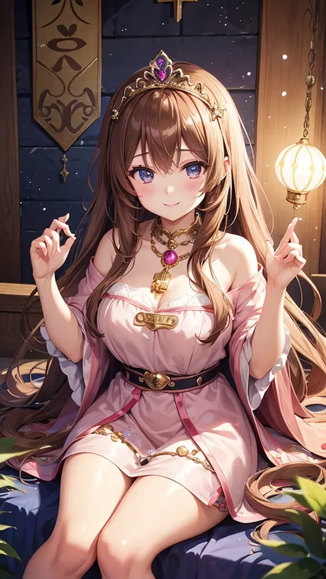 A girl with long brown hair, a goddess, anime style, a cute girl like an angel, a girl with a gentle smile, a fortune teller with a light in her hand, and a 14 year old surrounded by natural stones. Love fortune teller. A sparkling royal pink pearl dress a...