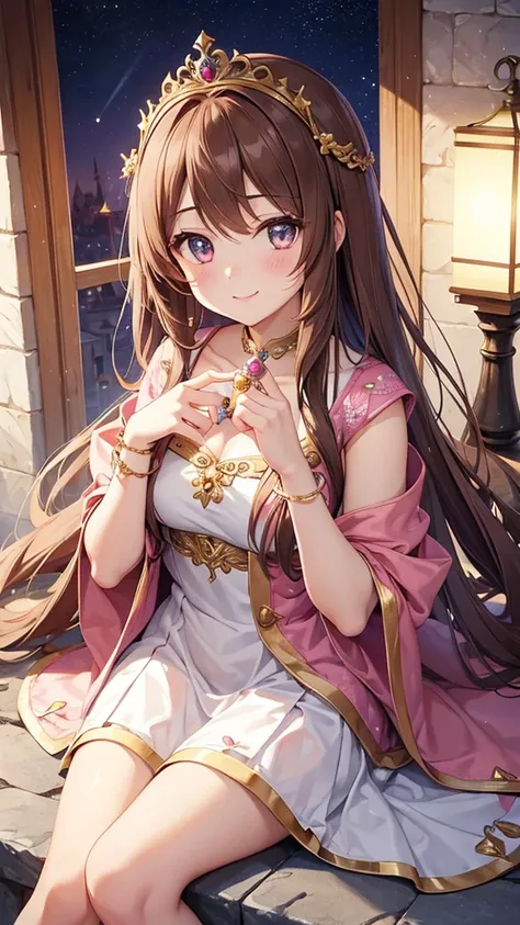 A girl with long brown hair, a goddess, anime style, a cute girl like an angel, a girl with a gentle smile, a fortune teller with a light in her hand, and a 14 year old surrounded by natural stones. Love fortune teller. A sparkling royal pink pearl dress a...