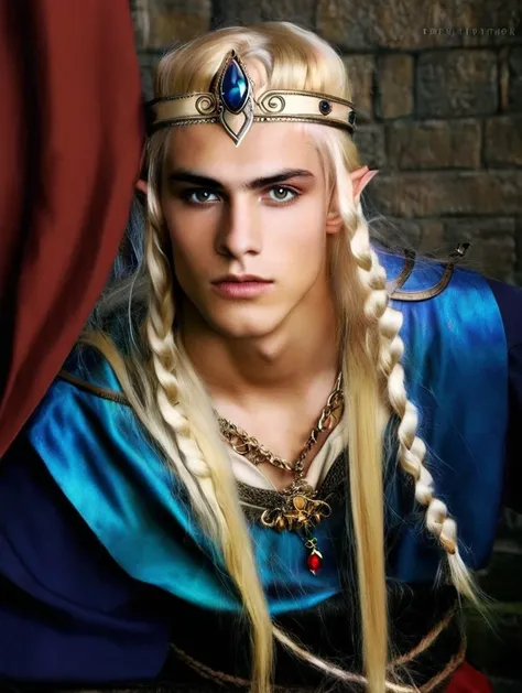 Create me a 17 year old male teenager,  slightly long blonde hair with some white strands , golden eyes, a necklace with a blue stone and some details,  a black medieval outfit and some bracelet of many colors , a red cloth wrapped around the waist and a s...