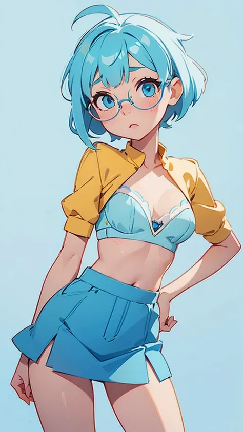 a beautiful girl, yellow and little bit blue gradation hair, hime cut hairstyle, wearing a light blue bra and mini skirt, blue eyes, round frame glasses (light blue colours), sexy, nsfw, anime