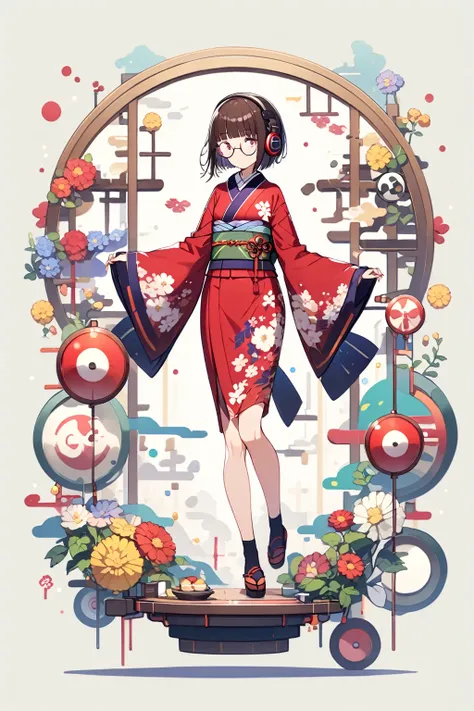 (extremely detailed fine touch:1.3), (((semi-rimless round eyewear:1.3))), (headphone:1.2), short hair, blunt bangs, 1 girl, full body, kimono