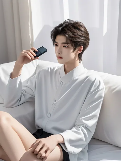 A man is sitting on a bed with a remote control in his hand, Tommy 1 6 years old, One boy, 7 years old, Thin face, Xiaolong, xqc, 18-year-old, androgynous face, Cai Xukun, Cute androgynous prince, A delicate androgynous prince, profile image