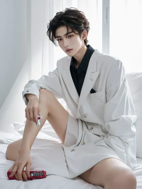 A man is sitting on a bed with a remote control in his hand, Tommy 1 6 years old, One boy, 7 years old, Thin face, Xiaolong, xqc, 18-year-old, androgynous face, Cai Xukun, Cute androgynous prince, A delicate androgynous prince, profile image