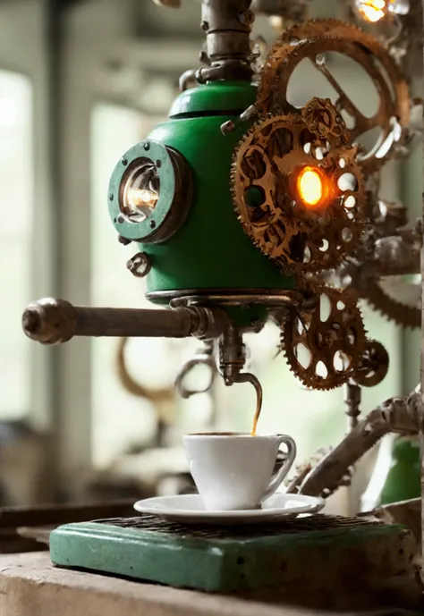 a mechanical coffee cup. lots of steampunk gears on the surface. the metal is green. the background is white. it is illuminated ...