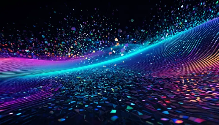 abstract background in a futuristic style featuring fluid, colorful elements and holographic 3D shapes. The design should include dynamic, floating 3D forms that evoke a sense of depth and motion. Intricate artistic outlines should accentuate the holo shap...