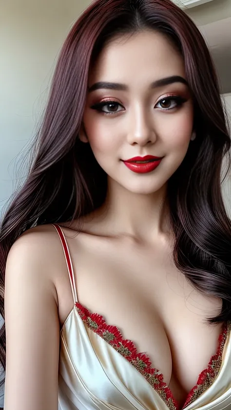 instagram photo, closeup face photo of 23 y.o Chloe in kebaya, Red Lipstick, sensual Lipstick, Sensational Make Up, cleavage, pale skin, (smile:0.4), hard shadows, White G-STRING, bright lighting 