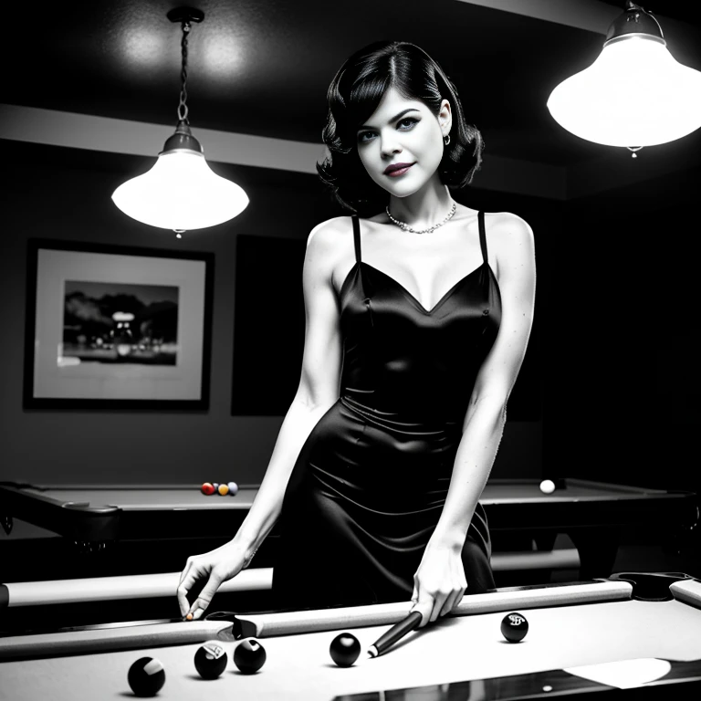 black and white photos. selma blair, night club, smoke in the air, pool table, long dress, pin-up, vintage dress, 22 years old, ...