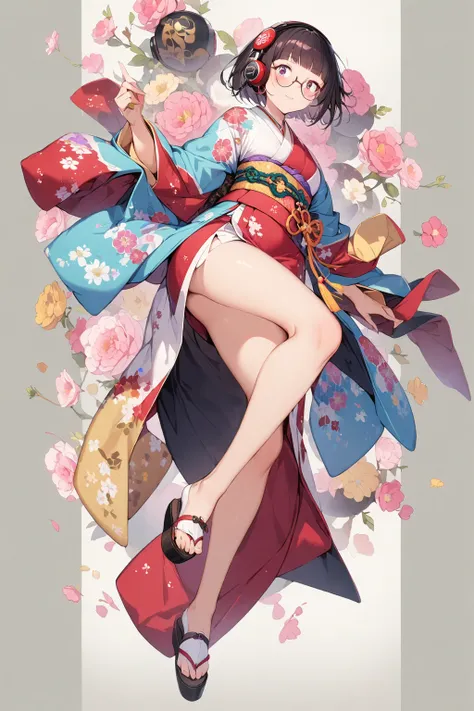 (extremely detailed fine touch:1.3), (((semi-rimless round eyewear:1.3))), (headphone:1.2), short hair, blunt bangs, 1 girl, full body, kimono