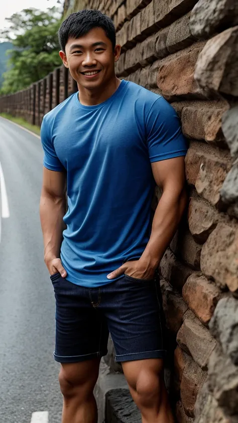 Thai man ,man ,(Blue T-shirt:1.5) ,Jeans ,He is about 30 years old..，Rough and handsome appearance，large breastsj，Big waistline，buzz cut, angry, sullen, best quality, Masterpiece，（Have muscles：4.5），(best quality,high resolution,Masterpiece:1.2),The eyes ar...