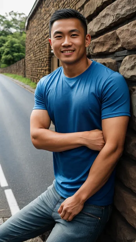 Thai man ,man ,(Blue T-shirt:1.5) ,Jeans ,He is about 30 years old..，Rough and handsome appearance，large breastsj，Big waistline，buzz cut, angry, sullen, best quality, Masterpiece，（Have muscles：4.5），(best quality,high resolution,Masterpiece:1.2),The eyes ar...