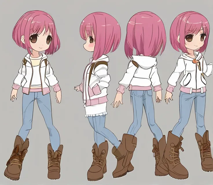 model reference sheet of anime girl, chibi, pink short hair, semi-realistic, round eyes, close mouth smile, light pink bomber ja...