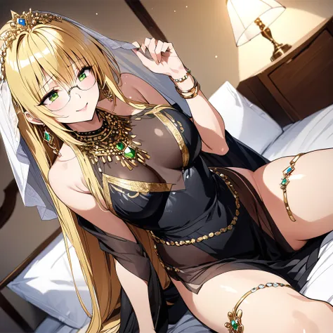 ((Highest quality)), ((masterpiece)), (detailed), （Perfect Face）、The woman smiles gently and looks expectantly at him as she spreads her legs wide open on the bed, seducing him by opening her pussy with her fingers.、The woman was a tiare with green eyes an...