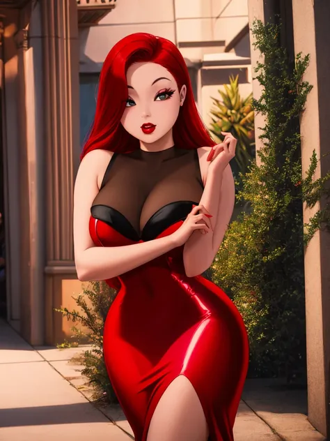 30-year-old woman, alone, beautiful, loose red hair covering one side of her face, thick and beautiful lips with red lipstick, character Jessiva Rabbit, wearing a long fitted red dress. Best quality, masterpiece, high resolution, perfect image, highly deta...