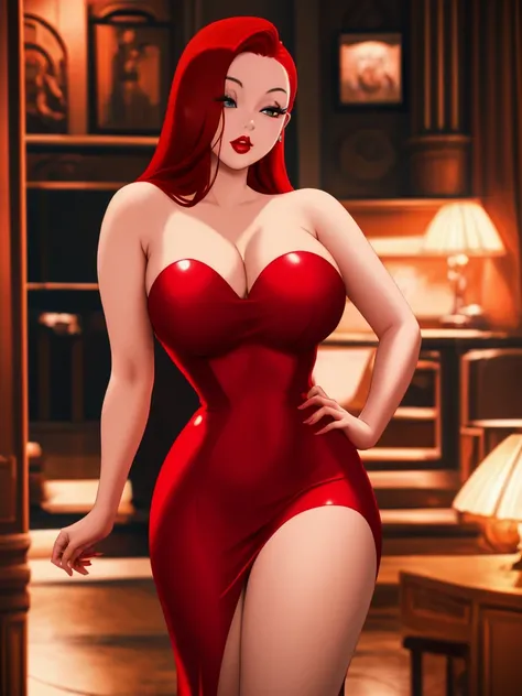 30-year-old woman, alone, beautiful, loose red hair covering one side of her face, thick and beautiful lips with red lipstick, character Jessiva Rabbit, wearing a long fitted red dress. Best quality, masterpiece, high resolution, perfect image, highly deta...