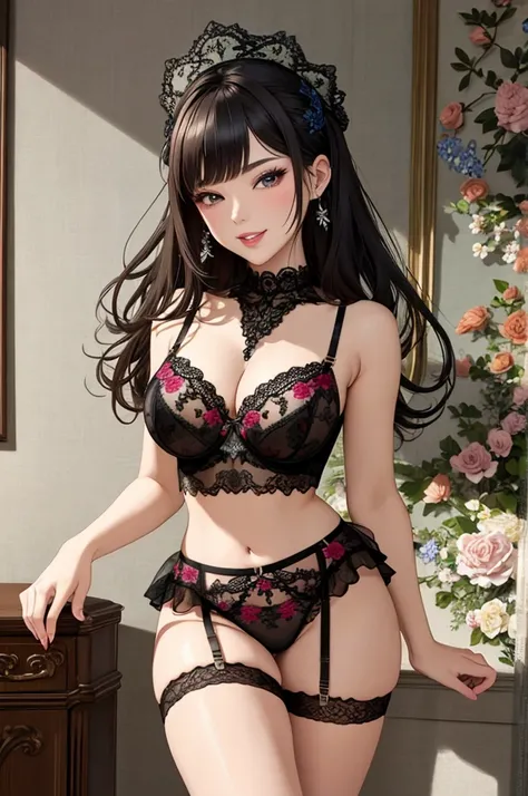 ((Masterpiece, best quality)), edgQuality,smug,smirk,
garterbelt, a woman in sheer lingerie posing for a picture ,wearing the garterbelt, colorful, floral embroidery, frilled skirt,
 