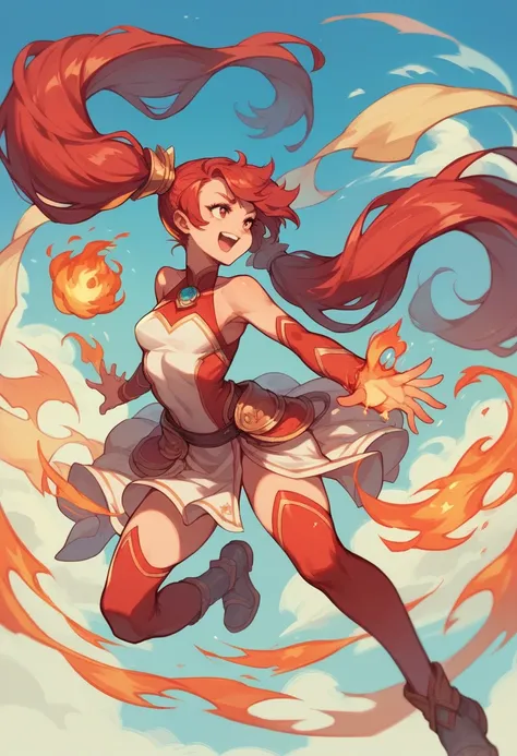 Girl, big , red hair, long hair, ponytails,fire magic girl