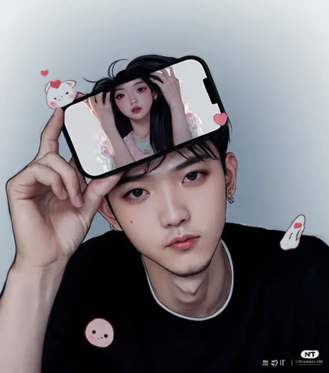 there is a man holding a phone with a womans face on it, high quality fanart, artwork in the style of guweiz, nft portrait, in love selfie, lofi portrait, in an anime style, kawaii realistic portrait, in anime style, high quality portrait, discord profile ...