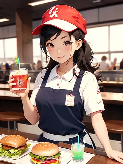 1 girl, uniform, apron, cap, name tag, polo shirt, headset, counter, register, menu signage, tray, flyer, drink dispenser, hambu...