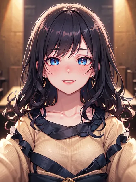 blue eyes, black hair, curly hair, bangs, long hair, wavy hair, shiny hair, jewelry, wide eyes, longeyelashes, earrings, makeup, smile, blush, ear blush, bright pupils, seductive smile, glint, red lips, high detail, anime, anime style, depth of field, cine...