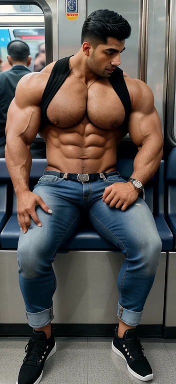 a indian arabic sexy young boy with a girl is sitting on standing in metro train, boy mouth to mouth kissing with beautiful girl in metro train, gigachad muscular, beefy, mid-shot of a hunky boy, strong and imposing, exaggeratedly large physique, juicy mea...