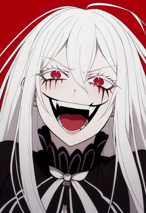 evil woman, psycho laugh, loca, white hair, thick white eyelashes, fangs, demonic, echidna re:zero, crazy laugh, pure evil, blac...