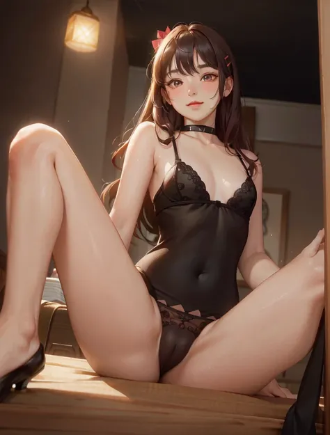 hires, 4k, masterpiece, best quality, ultra-detailed, illustration, epic lighting, cinematic composition, isometric, 1girl, solo, cute, brown eyes, black hair, swept bangs, single sidelock, red hairclip, enchanting gaze, captivating pose, indoors, office, ...