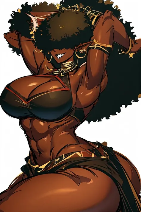 (masterpiece, best quality:1.2),1 girl, voluptuous body, full body, masterpiece, dominant pose, good anatomy, no extra limbs, big ass, thick thighs, black hair, voluminous afro, pointy ears, gold earrings, black top with red details, black skirt with red d...