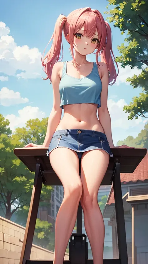 (masterpiece, highest quality, ultra high res, ultra detailed:1.3), 1 cute girl, ideal ratio body proportions, pink medium hair, half twintail, small breast, from below, front view, yellow tank top, tank top covered nipples, blue denim mini (skirt, white p...