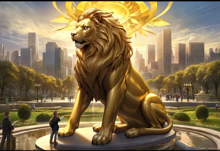 gold lion statue, city park, gold lighting, HDR, 4k resolution, (painting realistic : 1.3), (ultra high resolution: 1.0 ), (((best quality, 8 thousand, masterpiece:1.4))