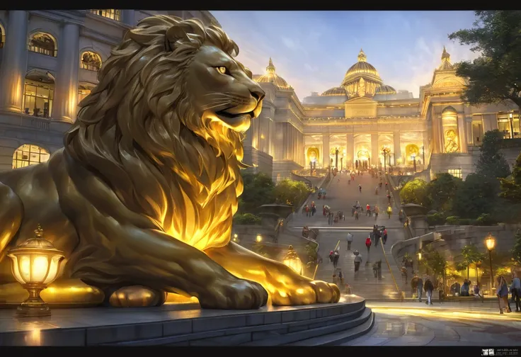 gold lion statue, city park, gold lighting, HDR, 4k resolution, (painting realistic : 1.3), (ultra high resolution: 1.0 ), (((best quality, 8 thousand, masterpiece:1.4))