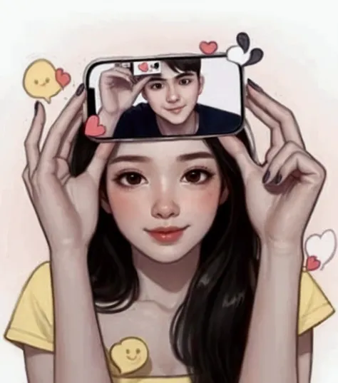 cartoon of a girl holding a cell phone with a picture of a man on it, in love selfie, trending on artstration, trending on devian art, trending on devianart, by Kun Can, accidentally taking a selfie, realistic picture, devianart trending, by Nil Gleyen, be...