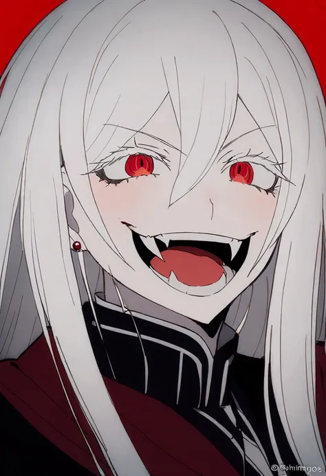 evil woman, loca, white hair, thick white eyelashes, fangs, demonic, echidna re:zero, crazy laugh, pure evil, black clothes, red...