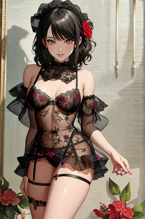 ((Masterpiece, best quality)), edgQuality,smug,smirk,
garterbelt, a woman in sheer lingerie posing for a picture ,wearing the garterbelt, colorful, floral embroidery, frilled skirt,
 