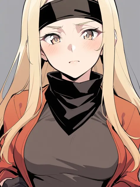 {{Upper part of the body}} {{Artist: sincos}} mature woman, straight hair, long hair, black color with blonde highlights, light brown eyes, black ninja bandana, red jacket, black fitted t-shirt, Gloves without fingers