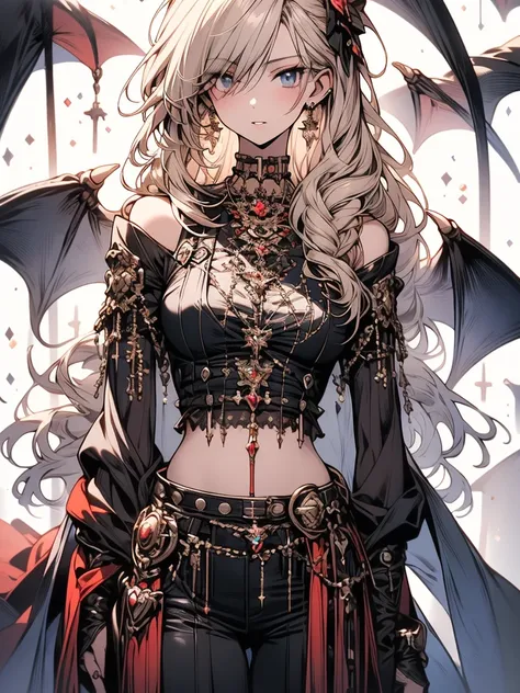 (Highest quality)),(Ultra-high resolution),(Super detailed),(Detailed Description),((Best Anime)),(masterpiece),Sharpness,Claire,Ultra-precise art,modern art, (Devilish beauty),Glamorous Body,Narrow waist,belly button,((Attractive Fashion)),choker,Chain Ac...