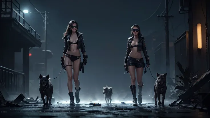 At night, dark sky, gorgeous Woman, (walks with a stray dog In a frozen cyberpunk city in ruins), 1drone. Heavy tropical rain, Head slightly tilted back, leather bikini, Distorted Space, Light Shafts, Volumetric Lighting, 4k Rendering, Stock Photo, Realist...