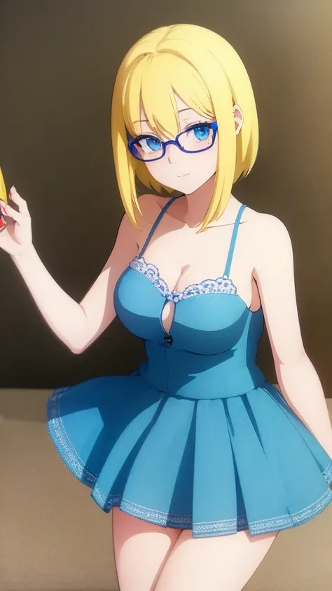 a beautiful girl, yellow hair, a few blue streaks in the hair, middle hime cut hairstyle, wearing a light blue bra and mini skirt, blue eyes, round frame glasses (light blue colours), sexy, nsfw, anime, perfect , detailed