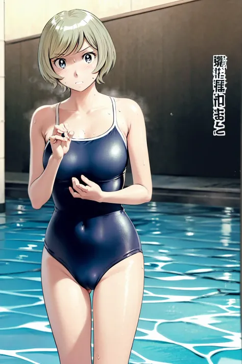 Blue school swimsuit、(masterpiece、Highest quality)、Highest quality, Ultra-high resolution, (((masterpiece))), alone, Sweat、Big eyes, Composition from the front、Shortcuts、Embarrassed face、blonde、Cut your hair short、School swimming pool、short hair、Pussy Line...