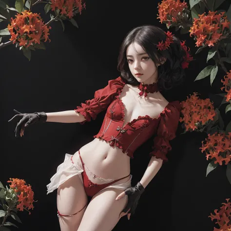 (NSFW:0.9),(solid color background all, flower wallpaper:1.2), partially colored, (little girl:1.4), three primary colors clothes, cowboy shot, lusty, alluring,((red Ixora)), small flowers, ((poison)), ((temptation)), undertaker, gothic style, detailed sha...