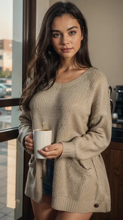 Beautiful dark hair girl wearing a beige sweater (Holding a cup of coffee in a modern café at sunset), Very detailed, 21 years, inoccent face, natural wavy hair, blue colored eyes, high resolution, master part, best quality, details Intricate, highy detail...