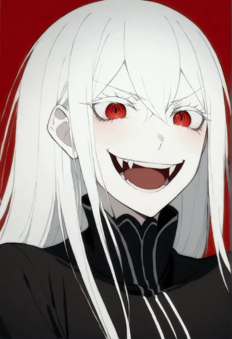 evil woman, loca, white hair, thick white eyelashes, fangs, demonic, echidna re:zero, crazy laugh, pure evil, black clothes, red...