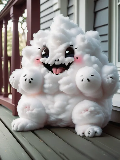 Fluffy cloud pet creature sitting on porch smiling with fangs 