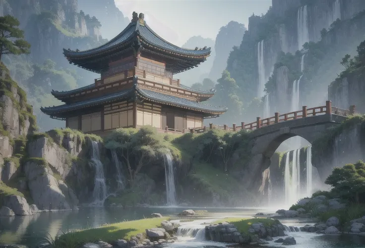 Ancient Chinese architecture, cool colors, dark night, moon, garden, bamboo, lake, stone bridge, rockery, arch, corner, tree, running water, landscape, outdoor, waterfall, grass, rock, dense fog, (Illustration: 1.0) , Epic Composition, HD Details, Masterpi...