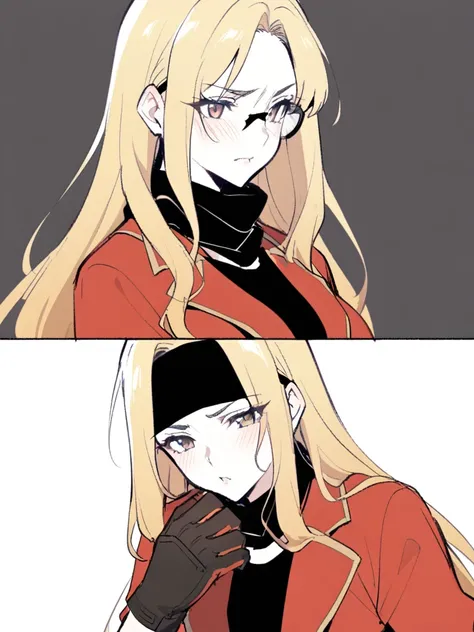 {{Upper part of the body}} {{Artist: sincos}} mature woman, straight hair, long hair, black hair with blonde highlights, without fringe, light brown eyes, black ninja bandana, red jacket, black fitted t-shirt, Gloves without fingers